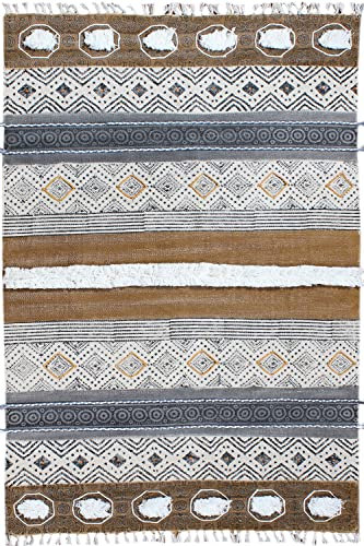 CASAVANI Kelim-Läufer, 2 x 14 cm, Baumwolle, Braun und Schwarz, Boho-Flachgewebe, 0,48 cm, waschbarer Baumwollteppich für drinnen und draußen, Läufer für Flure, Treppen, Flurläufer