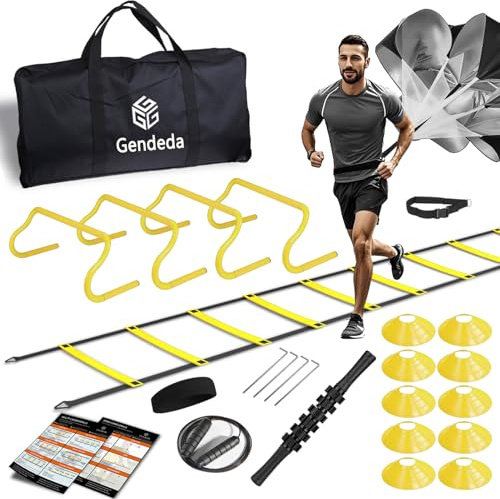Gendeda Accesorios de Entrenamiento de Fútbol con Escalera de Coordinación 6 m, 10 Conos Entrenamiento, 4 obstáculos, paracaídas para Correr, Regalos de Fútbol para Niños