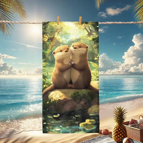 Strandtuch mit niedlichem Cartoon-Otter-Design, schnell trocknend, weich, saugfähig, sandfrei, Yoga-Decke, Urlaub, Picknick, Outdoor-Essentials, 157 x 78 cm, Grün