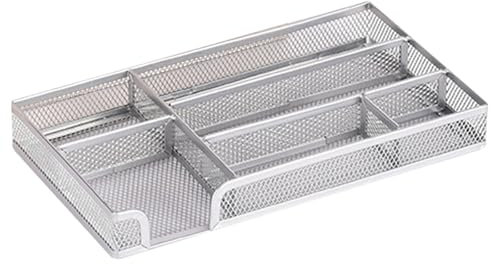 Schreibtischorganizer groß, rutschfeste Ablagebox mit 6 Fächern, Metall Mesh, HxBxT: 3.5 x 28 x 15.5 cm (Silver, One Size)