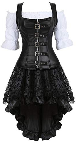 Grebrafan Steampunk Leather Corsets Bustiers Skirt Blouse Set 3 piece Buckle Corset Outfits for Women