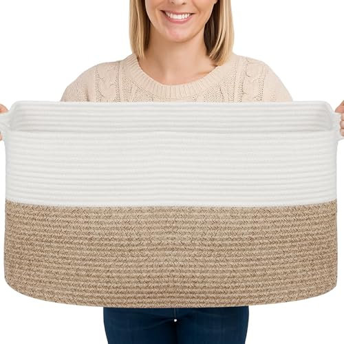 Toemics Large Cotton Rope Storage Basket with Handle 65L Soft Laundry Hamper for Blanket, Pillow, Toy, Clothes Collapsible Woven Basket for Bedroom, Living Room, Nursery, 55x38x30cm (White and Brown)