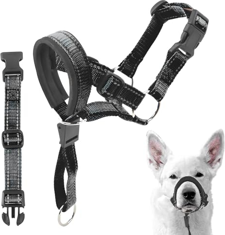 Dog Muzzles Head Collar with Safety Strap Adjustable Loop Dog Muzzle Mouth Cover with Connection Strap Training Breathable Head Halter Collar Prevent Biting Anti Barking for Small Medium Large Dogs-M