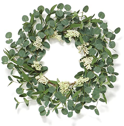 Corona artificial de eucalipto para puerta de casa, decoración primavera verano, 55 cm, corona de hojas verdes grandes, corona de puerta con bayas para paredes exteriores, ventanas, porche, granja