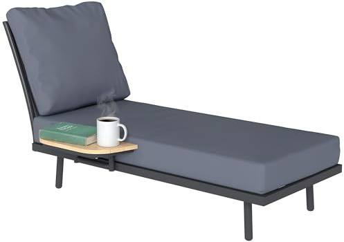 Outsunny Chaise Longue de Jardin Bain de Soleil Étagère Latérale Gris | Coussins Lavables en Oléfine, Cadre en Métal, pour Jardin et Terrasse