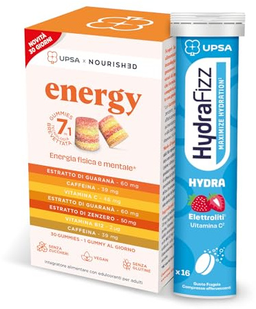 UPSA Kit Energia e Idratazione, Gummies Energy 30 + Hydrafizz Hydra 16 Compresse Effervescenti, Integratore Alimentare con Caffeina, Guaranà, Elettroliti e Vitamina C, Senza Zucchero, Vegan