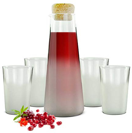 Sendez Glaskaraffe mit Korkdeckel + 4 Gläser, Milchglas‑Effekt – Wasserkaraffe, Dekanter, Saft‑ und Getränkeset