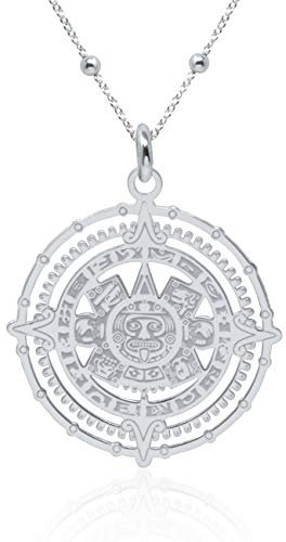 WANDA PLATA Collar Colgante Calendario Azteca Maya para Mujer Plata de Ley 925 con Cadena de 45 cm + 5 extensión en Caja de Regalo