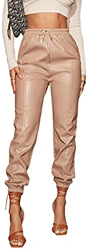 Floerns Women's Drawstring High Waisted Cropped Tapered Pu Leather Pants Apricot M