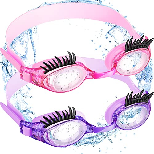 Konohan 2 Pieces Kids Swim Goggles Eyelashes Girls Funny Swim Goggle No Slip Leak Anti Fog UV Glasses for Lash Extensions(Purple, Dark Pink)