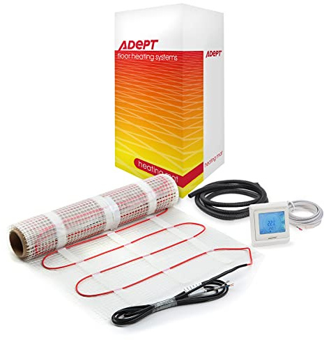 Adept Premium Electric Underfloor Heating Mat Kit 200W per m² with Self Adhesive Backing for Under Tile or Stone Floors - 1.5m2 Kit - White Touchscreen Thermostat