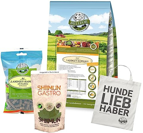 Bellfor Set di cibo per cani Landgut-Schmaus 2,5 kg cappelli da 200 g Shiimun Gastro 50 g e 1 sacchetto di iuta per cani di taglia media con problemi digestivi con gusto di insetti