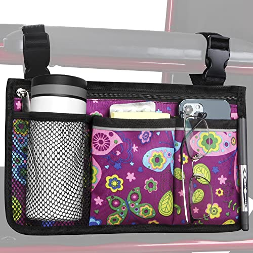 Wheelchair Side Bag, Upgrade Flower Color Wheelchair Armrest Storage Pouch with Cup Holder and Reflective Strip for Most Wheelchairs, Walkers and Rollators (Purple Butterfly)