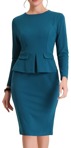 Allegra K Vestiti Aderenti da Donna Girocollo Maniche Lunghe Casual da Lavoro Outfits Abito Tubino con Peplo, Blu lago, M