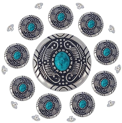 GORGECRAFT 1 låda 10 st. turkosfärgade knappar med skruvlock 30 mm syntetisk turkosfärgad Concho-kattöga gravyr metallknappar vintage legeringsspänne för gör-det-själv-läderhantverk tyger sömnad
