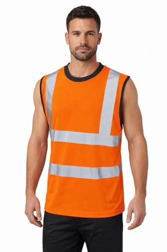 Generation-Plus+® Hi Vis Viz Work Utility Sleeveless Round Neck T-Shirt Warning Vest - High Visibility Safety Security Workwear Double Tape Tank Top (Orange, Large)