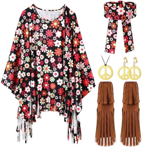 Hestya 5 Stück Mardi Gras 70er Jahre Hippie Kostüm für Damen inklusive 60er 70er Batik Poncho Fransen Stulpen Boho Stirnband Frieden Zeichen Halskette Ohrringe 70er Disco Outfit für Cosplay Karneval
