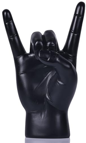 Statua della mano con gesto rock in resina nera da 7,7 pollici - Scultura decorativa da tavolo per amante della musica della cultura rock per la decorazione di casa o ufficio, scrivania e libreria