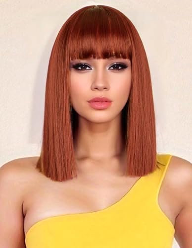 PORSMEER Parrucca corta dritta a caschetto ramato con frangia lunga fino alle spalle, parrucca colorata per donne e ragazze, parrucca sintetica resistente al calore, per cosplay, feste di Halloween,