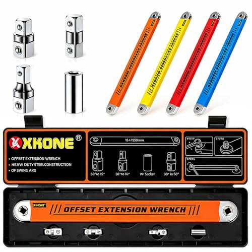 XKONE Offset Extension Wrench – Zero-degree Swing for Tight Spaces,3/8 Drive Socket Extender Tool with 1/4,3/8,1/2 Square Adapters and 1/4 Socket.