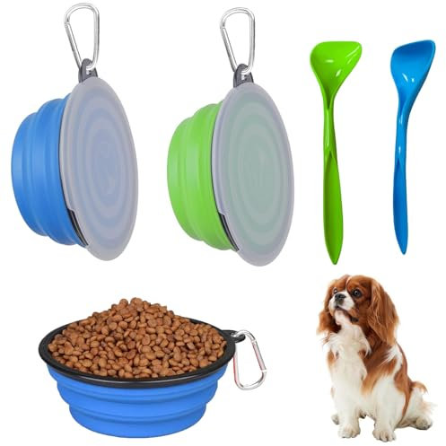 2 Stück Hundenapf Faltbar, 2 Stück LöFfel, Reisenapf Hund, Faltbarer Hundenapf mit Deckel und Haken, Hundenapf Unterwegs, Faltnapf Hund, Wassernapf Hund Unterwegs, Für Katzen, Hunde Und Haustiere
