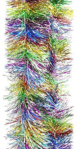 Trimming Shop 6.5ft/2m Rainbow Christmas Tinsel Garland Shiny Metallic | Fine Foil Twist Xmas Tree Garland for Festive Party, Holiday Celebration, Indoor & Outdoor Hanging Decorations