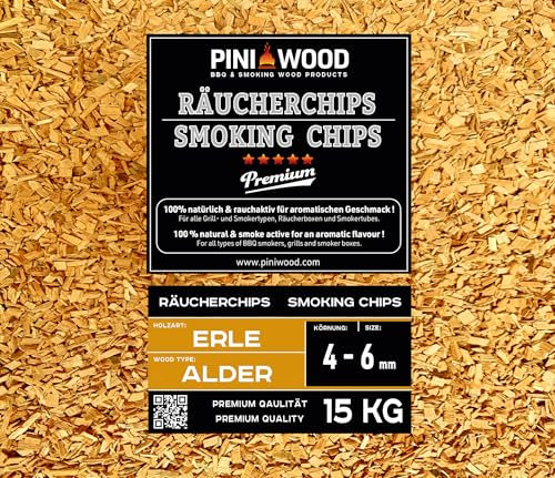 PINI 15 Kg Räucherchips Erle ohne Rinde 6-12 mm Smoking Chips Räucherspäne