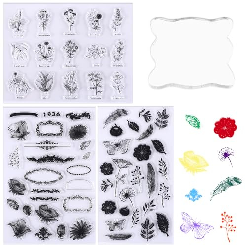 EDLMKM 3PCS Plant Silhouette Clear Stamps, Plant Patterns Rubber Stamp, Silicone Clear Stamp Seals, for Cards Making DIY Scrapbooking Photo Journal Album Decoration