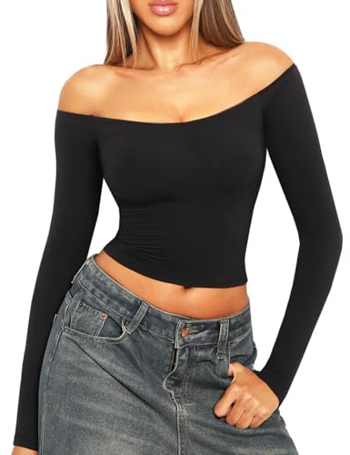 Navneet Women Off The Shoulder Tops Sexy Cold Shoulder Tops Basic Bardot Long Sleeve Crop Top Going Out Outfits Party Club Black M