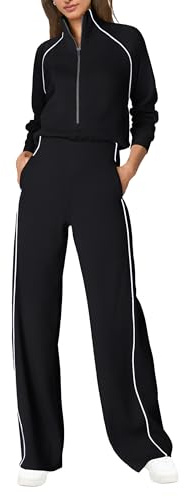SENSERISE Womens Jumpsuits Casual Long Sleeve One Piece Jumpsuit Wide Leg Mock Neck Airport Travel Outfits with Pockets(Black,XS)