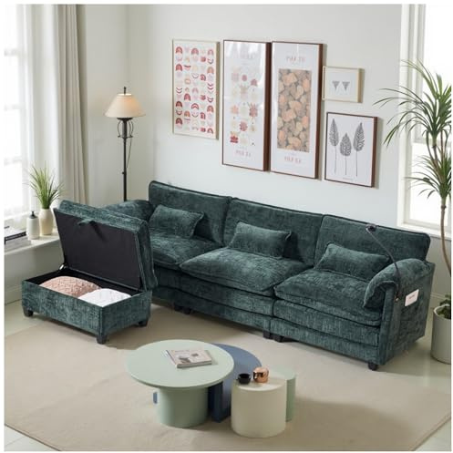 Wyibwy Sofá moderno en forma de L, sofá de esquina de 3-4 plazas, con puertos USB, bolsillos laterales, soportes para teléfonos móviles y reposapiés modulares, en tejido chenilla (Verde)