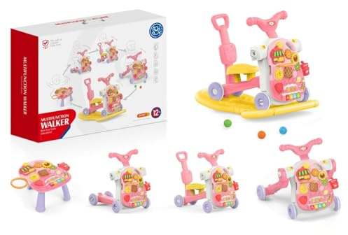 RKIDZ 5-in-1 Multi-Functional Walker, Push/Ride On, Rocker, Scooter, Interactive Educational Activity Table, Music & Learning Functions for, Toddlers, Kids, Boys, Girls Ages 12 months +(PINK)