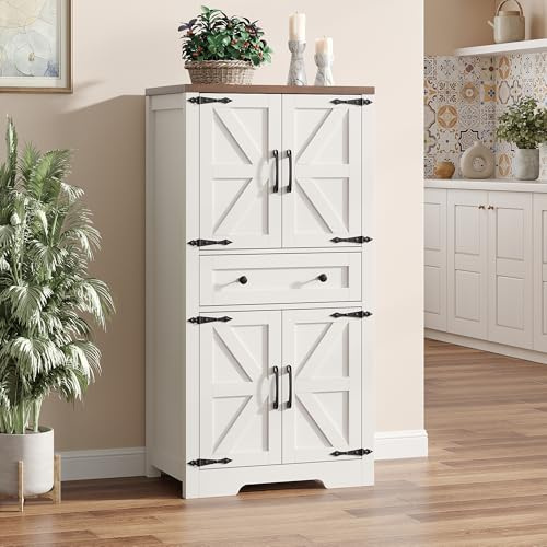 47 Tall Kitchen Pantry Storage Cabinet with Barn Doors and Shelves, White Farmhouse Linen Storage Cabinet With Drawers, Free standing Food Pantry Cabinets for Kitchen, Dining Room, Living Room