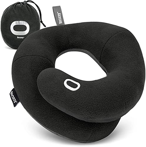 BCOZZY Travel Neck Pillow for Airplane, Head & Chin Support, X-Large Black | Rest comfortably on flights and road trips. Arrive refreshed. Soft, adjustable, washable and lightweight, with a carry bag.