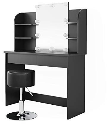 Vicco Schminktisch Charlotte, Schwarz, 108 cm mit LED Beleuchtung und Hocker