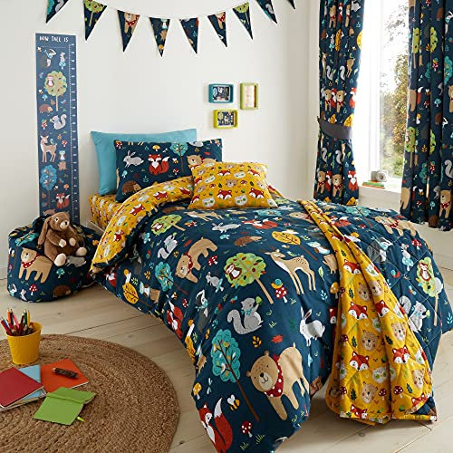 Happy Linen Company Girls Boys Kids Woodland Friends Animals Navy Blue Toddler Cot Bed Reversible Duvet Cover Bedding Set