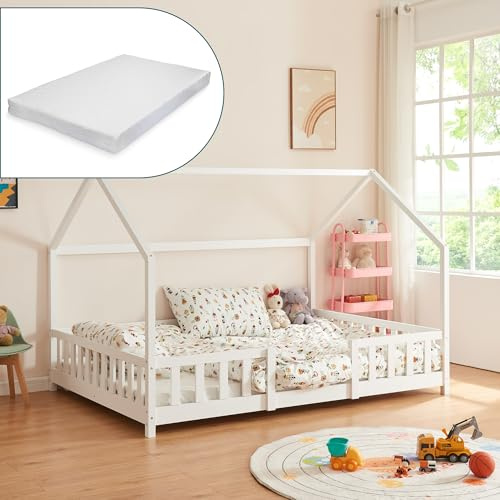 [en.casa] Kinderbett Sisimiut mit Matratze 140 x 200 cm Montessori Hausbett mit Rausfallschutz Holzbett für Kinder Bodenbett Lattenrost Kiefernholz Weiß
