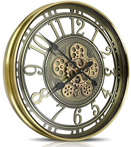 DORBOKER Real Moving Gears Wall Clock Large Modern Metal Clocks for Living Room Decor, Industrial Steampunk Unique Vintage Rustic Decorative Clock for Home Farmhouse Office, 53.5cm,Bronze Gold Arabic