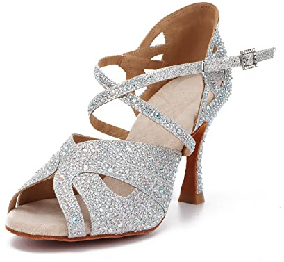Syrads Zapatos de Baile para Mujer - Zapatos de Baile Latino de Salón Social - Plata, 9cm Tacón, 37 EU