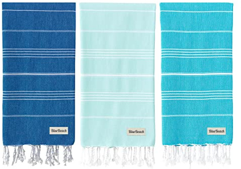 Blue Beach Set di 3 asciugamani da spiaggia turchi, 100 x 180 cm, asciugamano grande per hammam turco, super assorbenti, ad asciugatura rapida, leggeri, compatti per nuoto, bagno, palestra, sauna e