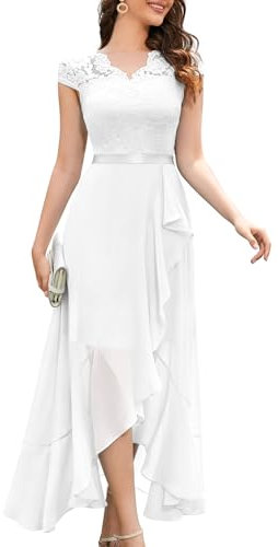 Bbonlinedress Weißes Kleid Abendkleider elegant für Hochzeit Spitze Chiffon Vokuhila Ballkleid lang Brautjunferkleid White M