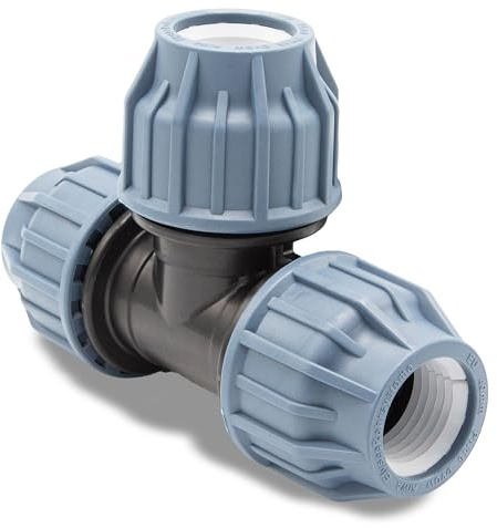 Baumaxxe Conector en T de compresión 16 mm I Racor PP PN16 para tubo PE 16 mm I 3 vías con tuercas y juntas I Derivación para riego jardín piscina estanque I bm318