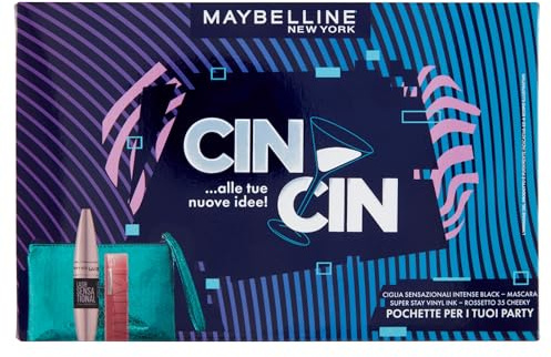Maybelline New York Geschenktasche mit Mascara für Volumenwimpern, Intense Black, und langanhaltende Lippenfarbe, SuperStay Vinyl Ink, Farbton 35 Cheeky