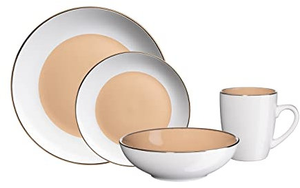Kombiservice 16-teilig Metallicrand Cremeweiß Hellbraun Geschirrset Steinzeug neuetischkultur