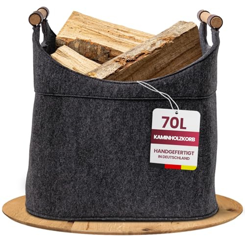Cesta de madera de fieltro para leña grande [70 L] con asas de madera auténtica (roble), base ligera – Fabricado en Alemania – Cesta XXL – Cesta de leña estable de fieltro de lana easy and green