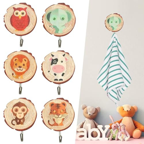 DAZZTIME Kleiderhaken Kinder,6 Stück Kindergarderobe,Kleiderhaken für Kinder in Tierform,Selbstklebender Haken Aus Holz,Kindergarderobe Haken,für Bad Toilette Küche Handtücher Mützen.
