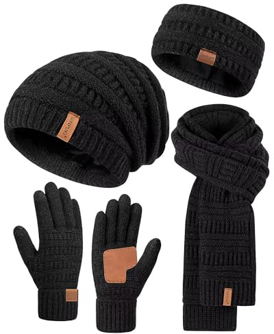 Womens Winter Beanie Hat Scarf Gloves Headband Set, Slouchy Beanie Ear Warmer with Fleece Lined Thick Knit Neck Scarf Touchscreen Gloves, 4 Piece Fashionable Warm Gift Set for Cold Weather Black