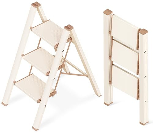 GameGem Escabeau 3 Marches, Tabouret Pliable à Pédale Large Anti-Dérapante en Aluminium Léger mais Robuste, Capacité 150 kg, Design Moderne Mignon pour Espaces Domestiques Intérieurs