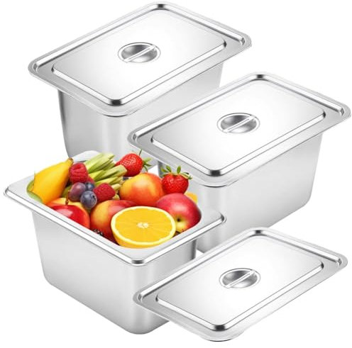 Piashow Set di 3 Contenitore Acciaio Inox per Alimenti, Contenitori Acciaio con Coperchio Pentole per Alimenti da Tavolo, Contenitori Gastronorm Teglia Forno Acciaio Inox Rettangolare
