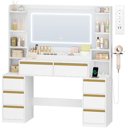 HEXCELEN 135cm Coiffeuse avec Miroir, Prises de Courant, Blanc-Or